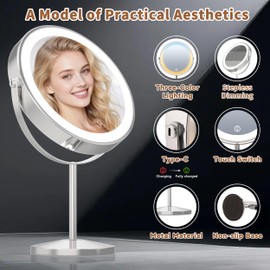 9" Magnifying Mirror with Light 1X/10X, Makeup Mirror with Light includes small mirror, 2000mAh Rechargeable, 360° Rotation, 3 Color Modes, Double-Sided, Ideal for Eyebrows, Lenses & Skincare