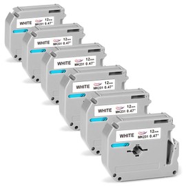6Pk M-K231 Compatible with Brother PTouch M Tape 12mm 0.47 White M231 MK231 M-K231s Label Tape, Used for Brother PT-M95 PT-90 PT70BM PT-45M 65 P-Touch Label Maker Tape