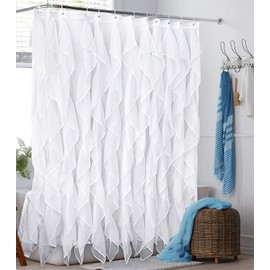 Reisen White Ruffle Shower Curtain Fabric / Cloth Farmhouse Bathroom Sheer Shower Curtain, 72in Long