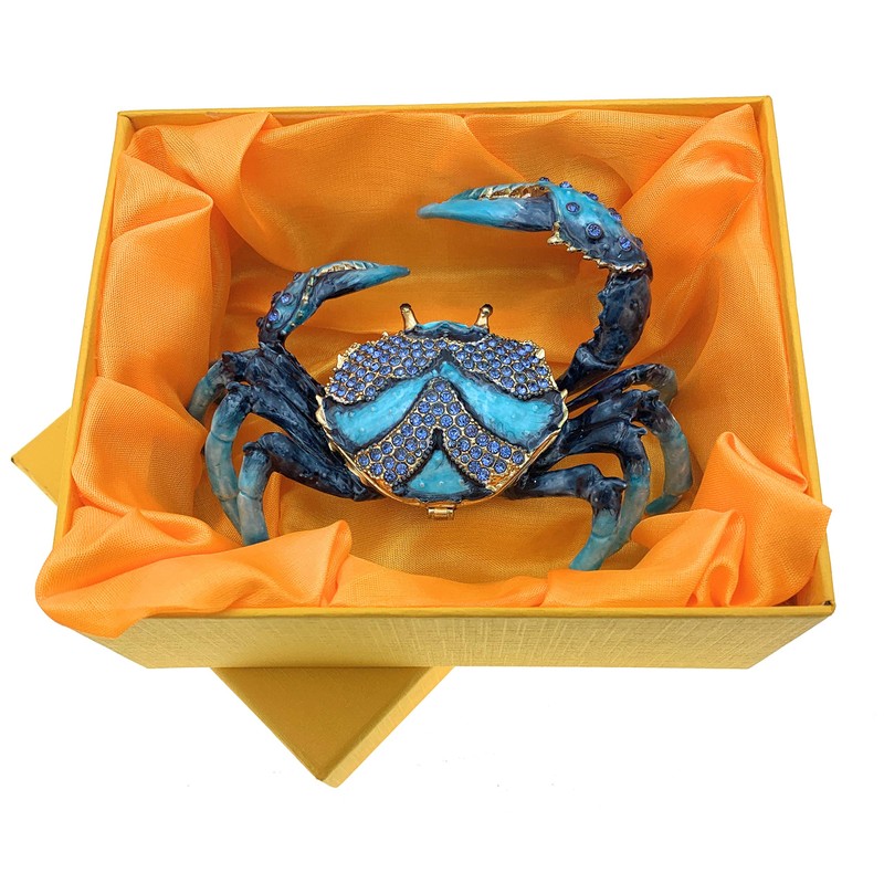 Kubla Craft Enameled Blue Crab Trinket Box, Accented with Austrian