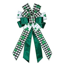 Large Spring Bows for Wreath, Black White Buffalo Plaid Bow Green Velvet Wreath Bows Holiday Burlap Bows for Front Door Saint Patrick's Day Decorations Supplies
