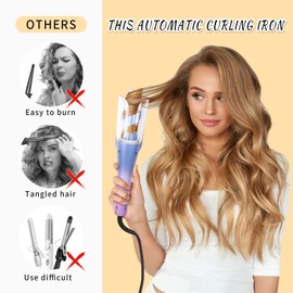 Vkinman Automatic Hair Curling Iron with Ceramic Ionic Barrel, Auto Rotating Hair Curling Wand with Temperature Display and Timer, Anti-Tangle Dual Voltage