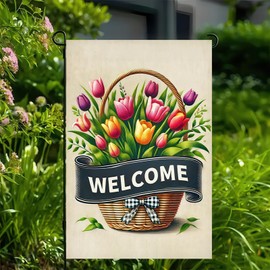 BlissYard Welcome Spring Garden Flag Tulips Garden Decoration Flags Farmhouse Holiday 12x18 Inch Double Sided Flag Small Flower Basket Yard Flag Seasonal Flower Yard Flags