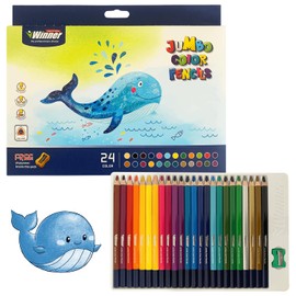 grandor Jumbo Colored Pencils - 24 Extra Thick Pencils with Free Sharpener, Ergonomic Triangular Design, Safe for Kids, Great for Classroom and School Supplies