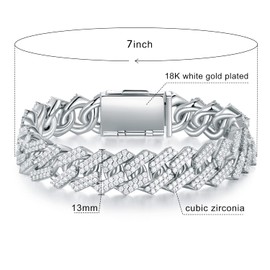 Gemsme 18K White Gold Plated Bracelet 13MM Full Iced Out Cubic Zirconia Cuban Link Chain Hip Hop Bracelet for Men Women 7.0 Inch