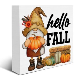 Fall Decor Hello Fall Wooden Sign Farmhouse Autumn Gnome Decorations for Home Bedroom Living Room Shelf 5 X 5 Inches