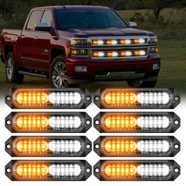 Nilight 8PCS Led Strobe lights 12LED Amber White Emergency Light 12V 24V Surface Mount Flashing Warning Hazard Beacon Lights Ultra Slim Sync Feature Mini Grille for Cars Trucks Off Road Vehicles SUV