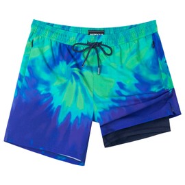 SURF CUZ Mens Swim Trunks with Compression Liner 5" Swim Shorts Quick Dry Bathing Suit Swimming Trunks Zipper Pockets Green Blue Tie Dye Medium
