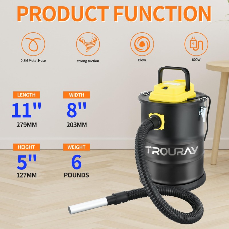 TROURAY Ash Vacuum Cleaner,2.6 Gallon Heat-Resistant Lightweight Canister Vac Cleaners