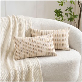 Zealax 12x20 Boho Throw Pillow Covers Lumbar Decorative Neutral Farmhouse Cushion Covers for Couch Bed Living Room, Cotton Textured Striped Pillowcases Set of 2, Latte