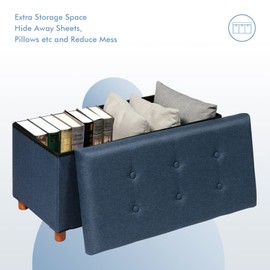 PINPLUS Folding Storage Ottoman Bench, 30 Inches Linen Large Upholstered Storage Ottoman Foot Stool with Wooden Feet, Coffee Table, Large Storage Bench for Living Room Bedroom Entryway, Blue