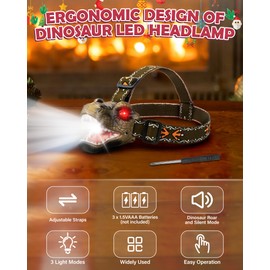 Niovexium LED Dinosaur Headlamp for Kids, Children's Toy Flashlight T-Rex Dinosaur Toys for Age 3 4 5 6 7 8 9 Years Old Kids, Camping Hiking Gear for Boys(Brown)