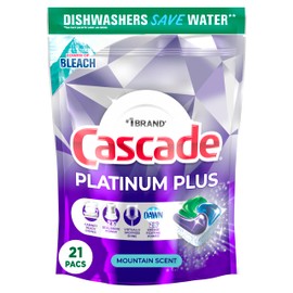 Cascade Platinum Plus Dishwasher Pods, Dish Detergent ActionPacs, Power of Bleach, 21 Count