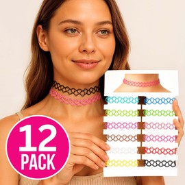 BodyJ4You 12PC Tattoo Choker Necklace - 90s Accessories 2000s Jewelry Y2K Fashion Vintage Trendy - Vibrant Pink Blue White Green Black - Adjustable Stretchy Elastic Necklace Summer Vacation Gift Set