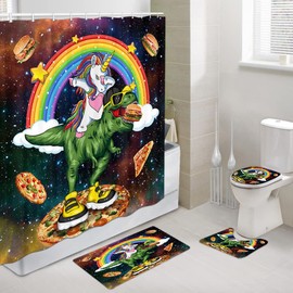 Cute Kids Shower Curtain with Memory Foam Bath Mat, Non-Slip Bathroom Rugs and Toilet Lid Cover,Cool Unicorn Funny Cartoon Rainbow Curtain for Boys Girls Restroom Decor Accessories with Hooks,69X70IN