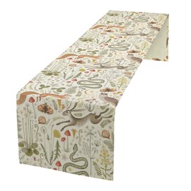 JanJCurt Country Forest Table Runner, Wild Animal Hare Squirrel Owl Snake Snail Flowers Mushroom Print Table Runner for Spring Holiday Farmhouse Kitchen Indoor Outdoor Decoration, 13x36inch