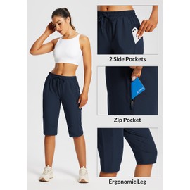 baleaf Women's 15" Long Hiking Capri Below The Knee Quick Dry Cargo Shorts UPF 50 Lightweight Zip Pocket Elastic Waist Dark Blue L