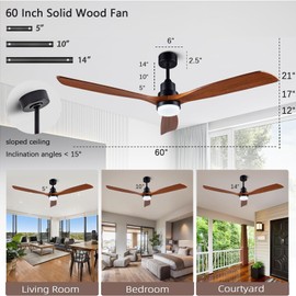 dearnow 60” Ceiling Fan [with Lighting Remote], Indoor Outdoor Mute, Modern Wooden Ceiling Fan [with 3 Solid Wood Blades] for Patio, Living Room, Bedroom, Hallway.