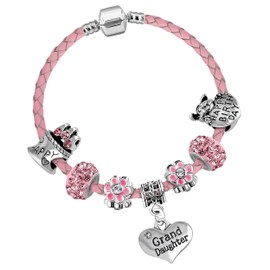 Granddaughter Girls 17cm Sparkly Crystal Pink Leather Birthday Charm Bracelet with Gift Box Set Birthday Gifts for Girls Birthday Jewellery for Girls 8th 9th 10th 11th Birthday Gifts