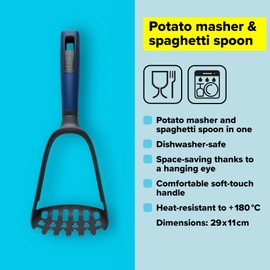 Tasty Everyday Potato Masher & Spaghetti Spoon, 2in1 Utensil, Multifunctional Masher Tool & Serving Spaghetti Spoon, Cooking Utensil with Soft-Touch Handle, 29x11x8cm, Colour: Dark Blue,Grey