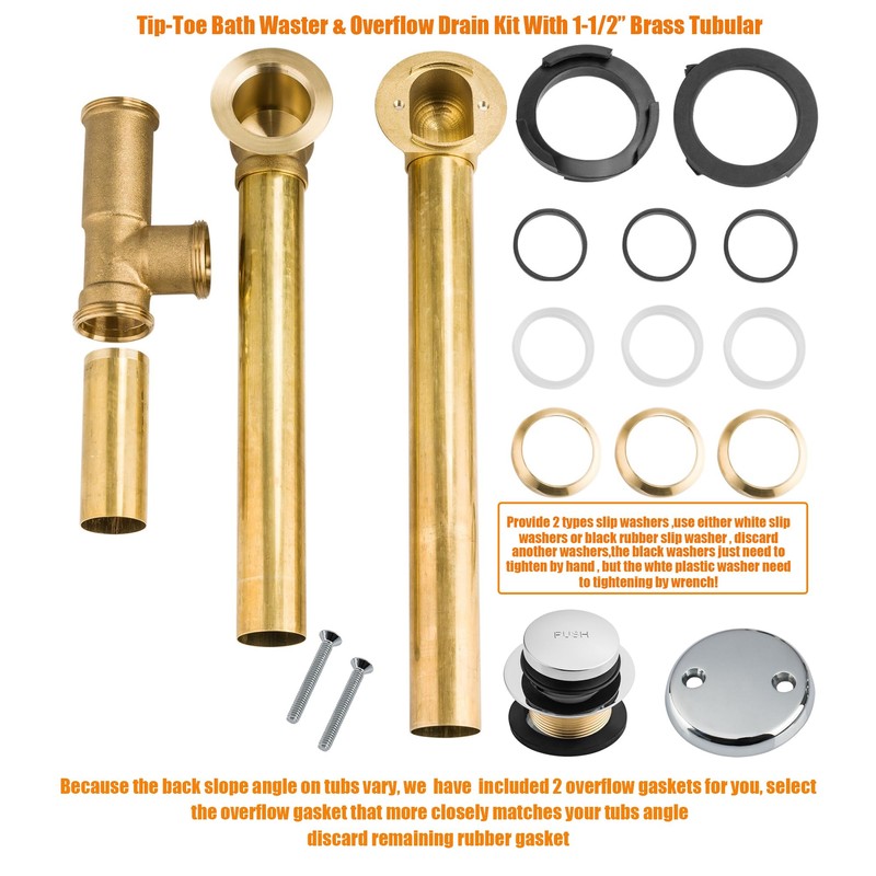 Artiwell 1-1/2" Brass Tubular Bath Drain Kit with Tip-Toe Bath