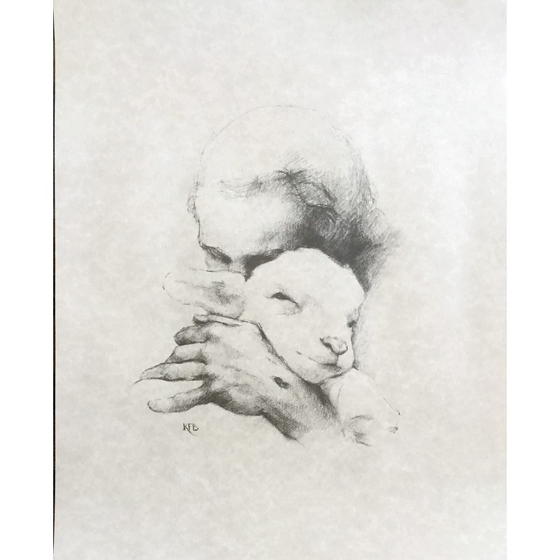 Jesus and the Lamb I 11x14 on Parchment, Charcoal, 11