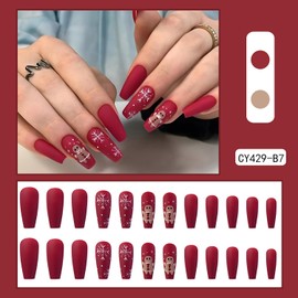 24Pcs Christmas Press on Nails with Snowman Snow Designs Glossy Square Full Cover Red Xmas Artificial Fake Nails Long Acrylic Winter Coffin False Nails with Glue Stick on Nails for Women