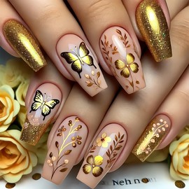 Gold Press on Nails Medium Coffin Fake Nails French Tip Acrylic Gold Glitter False Nails with Butterfly Flower Designs Artificial Nails Glossy Glue on Nails for Women Stick on Nails 24Pcs