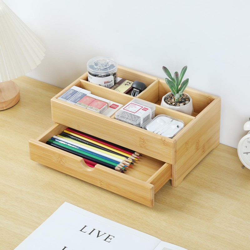 GOBAM Bamboo Makeup Organizer and Storage with Drawer, Wooden Cosmetic
