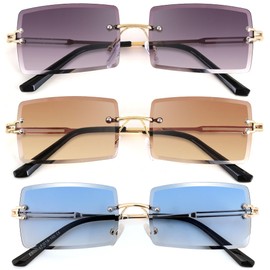FEISEDY 3Pack Vintage Rimless Sunglasses Rectangle Frameless Candy Color Glasses Women Men B2642