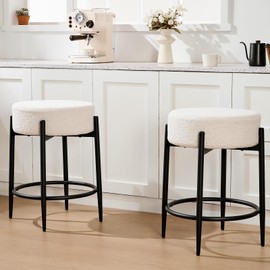 Viroformo Counter Height Bar Stool Set of 2, 23.6" Backless Counter Height BarStools for Kitchen Island，Mid Century Modern Bar Stools with Round White Soft Boucle Padded & Solid Metal Legs