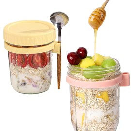 Glass Overnight Oat Containers with Lids & Spoons 10 oz Clear Mason Overnight Oats Jars with Measurement Marks Airtight Leak-Proof Cereal, Milk, Vegetable and fruit Salad Storage Container 2 Packs