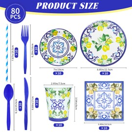 80 PCS Lemon Party Supplies,Disposable Blue Tiles Lemon Party Kit,Fruit Lemon Theme Tableware Set,10 Guests Parties Sup-plies Plates Napkins Knives Forks Spoons Cups and Straws
