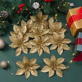 12 PCS Poinsettia Flowers Christmas Decorations, with Clips Stems for Christmas Tree Ornaments, Xmas Party Wreath Wedding Decorations, Gold