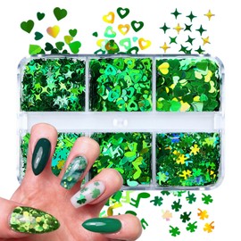6 Grids St. Patrick's Day Nail Art Glitters 3D Green Shamrock Holographic Green Shamrock Spring Shiny Flakes Stars Leaves Clovers Nail Supplies Green Heart Acrylic Stickers for Women Nail Decor