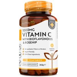 Vitamin C 1000mg – 180 Premium Vegan & Vegetarian Tablets – 6 Month Supply – High Strength Ascorbic Acid – with Added Bioflavonoids & Rosehip – for Normal Immune System – Made in The UK by Nutravita