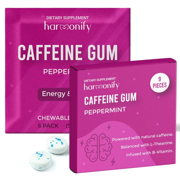 HARMONIFY Caffeine Gum 6 Packs (54 Pcs) with L-Theanine and