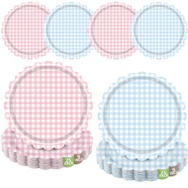 WRXVVTSV 50PCS Pink and Blue Gingham Paper Plates 9 Inch Scalloped Edge for Baby Shower, Gender Reveal, Boy or Girl Party Decorations, Disposable Dinner Plates