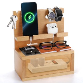 Beechwood Nightstand Organizer with Cable Management Box - Phone Docking Station Gifts for Father's Day Men Him Men Boyfriend Husband Birthday Anniversary, Light Yellow