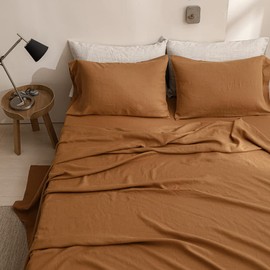 Simple&Opulence 100% Washed Linen Sheet Set Basic Style 3 Pieces (1 Flat Sheet & 1 Fitted Sheet & 1 Pillowcase) Natural French Flax Soft Breathable Farmhouse Bedding (Twin, Rust)