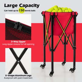 GYMAX Tennis Ball Hopper, Folding 150 Tennis Ball Holder Cart with Carry Bag, Easy Assembly Frame, Removable Bag & 4 Universal Wheels, Portable Durable Tennis Ball Basket for Ball Pickup (Red)