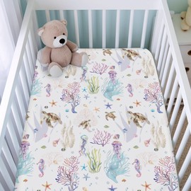 Colorful Sea Animals Baby Crib Sheet for Boy Girl 52"x28" Watercolor Sea Horse Turtle Starfish Conch Corals Soft Breathable Standard Baby Bed Sheet Fits All Standard Crib and Toddler Mattress Pads