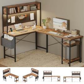 Mericonia Modern L-Shaped Computer Desk with Pegboard & Hutch, 66" Corner Home Office Desk, Large Gaming Desk with RGB Lights & Power Outlets, Workstation for Gaming & Work, Dark Brown