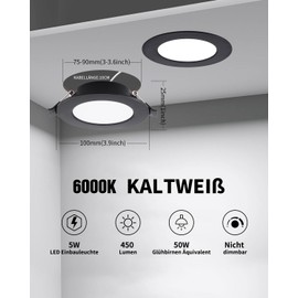 Grebeam LED Spotlights, Black, 5 W Ceiling Spotlights, 450 lm, Round Diameter 75-90 mm, LED Recessed Spotlights, 230 V, Installation Depth 25 mm, Ceiling Light 6000 K Cool White for Bathroom, Bedroom