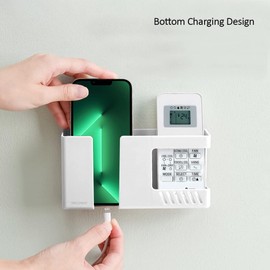 Decobay D3 Wall Mount Phone Holder, Punch-Free Wall-Mounted Mobile Phones Charging to Stand, Sticky Remote Control Storage Box Bedside Lazy Mobile Phone Rack, Multipurpose Storage Box (White)