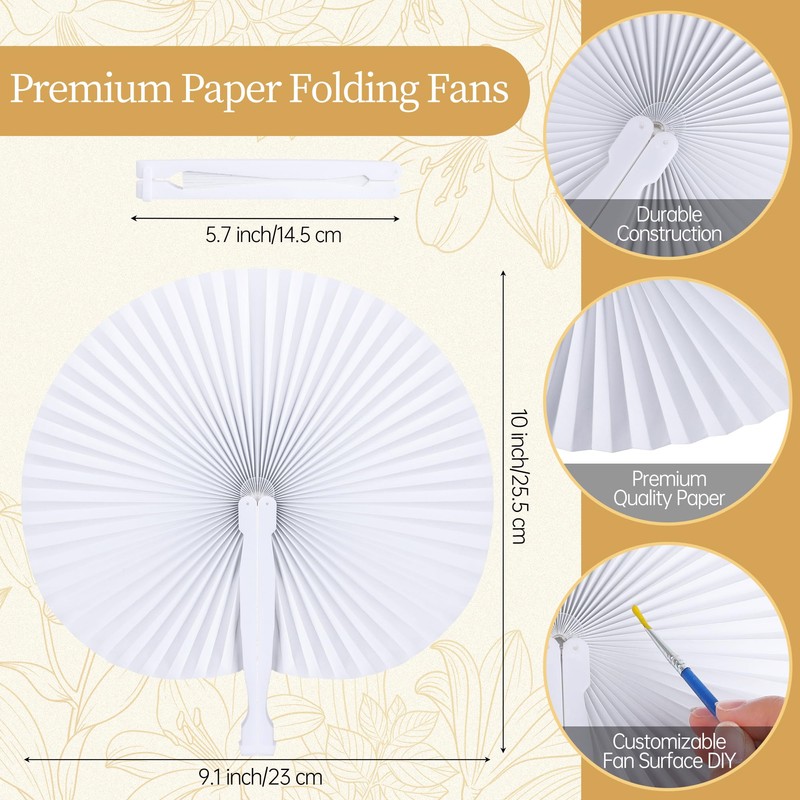 Aneco 120 Pieces Round Paper Folding Fans, White Foldable Handheld