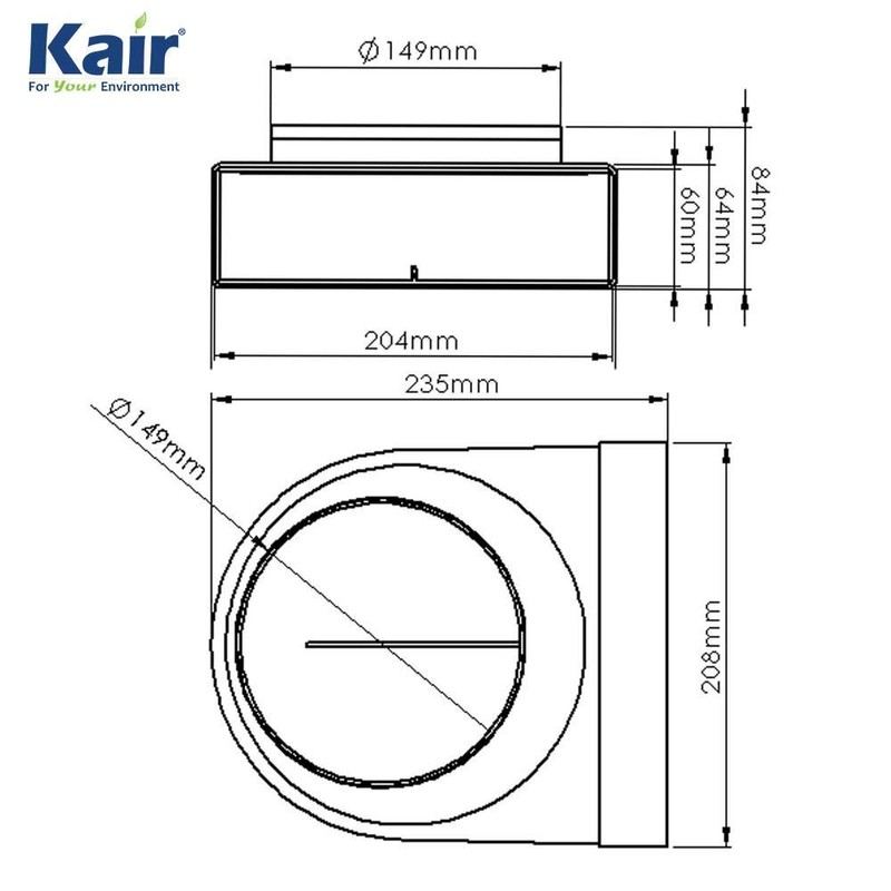 Kair Rotating Elbow Bend Adaptor 204mm x 60mm to 150mm