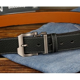 JingHao Belts for Men,Casual Mens Belt Leather for Jeans,Cowboy,Black Genuine Leather Belt,Plus Size 28"-64" Width 1.45" Brown (XL 37"-39" Length 120cm, Black 2)