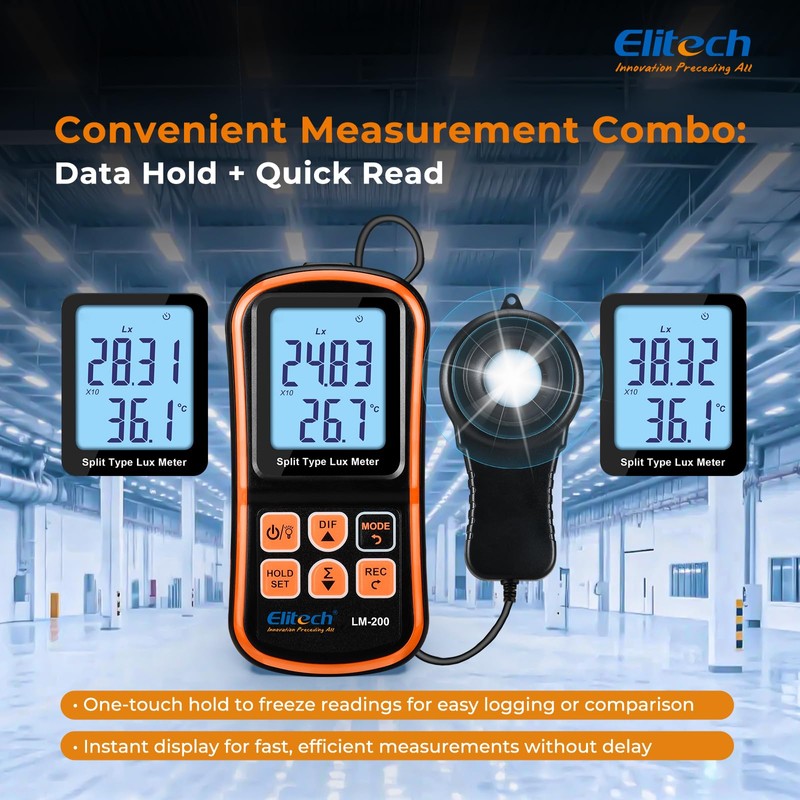 Elitech Digital Light Meter Portable Luxmeter with LCD Display, Range