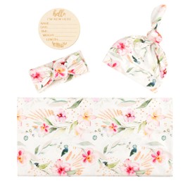 Giggle Angel Baby Receiving Blanket Swaddle Blanket Infant Wrap with Matching Headband Beanie and Name Card (Ink Red Floral)